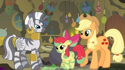 Size: 1719x968 | Tagged: dead source, safe, artist:immortaltanuki, apple bloom, applejack, zecora, zebra, g4, bodypaint, tribal