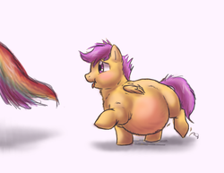Size: 906x700 | Tagged: safe, artist:redintravenous, rainbow dash, scootaloo, pegasus, pony, g4, belly, belly blush, big belly, chubby cheeks, cute, fat, female, filly, mare, neck fluff, scootalard, tongue out, walking, weight gain sequence