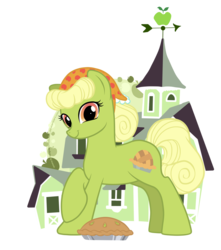 Size: 1053x1191 | Tagged: dead source, safe, artist:immortaltanuki, granny smith, earth pony, pony, g4, apple, apple pie, female, food, pie, simple background, solo, sweet apple acres, transparent background, young granny smith