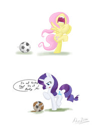 Size: 855x1166 | Tagged: safe, artist:shieltar, fluttershy, rarity, g4, ball, dialogue, football, simple background, white background