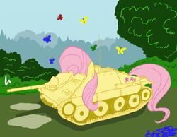 Size: 1280x994 | Tagged: safe, artist:alvchfokarev, fluttershy, object pony, original species, tank pony, g4, duo, fluttertank, hetzer, ponified, pony tank, tank (vehicle), transformation