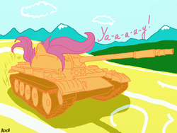 Size: 1024x768 | Tagged: safe, artist:alvchfokarev, scootaloo, g4, duo, pony tank, tank (vehicle)