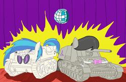 Size: 1280x832 | Tagged: safe, artist:alvchfokarev, dj pon-3, octavia melody, vinyl scratch, g4, pony tank, tank (vehicle)