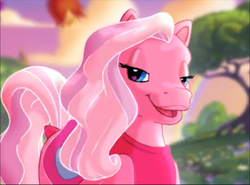 Size: 640x473 | Tagged: dead source, safe, screencap, pinkie pie (g3), pony, g3, official, bedroom eyes, commercial, cute, female, g3 diapinkes, g3betes, heart, heart eyes, lidded eyes, lips, looking at you, mare, open mouth, rainbow, smiling, tree, wingding eyes