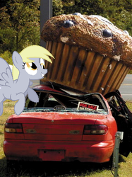 Size: 289x386 | Tagged: safe, artist:akrex, derpy hooves, pegasus, pony, g4, car, female, giant muffin, mare, muffin, ponies in real life