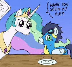 Size: 700x646 | Tagged: safe, artist:fadri, princess celestia, soarin', alicorn, pegasus, pony, g4, caught, female, male, mare, pie, stallion, sweat, that pony sure does love pies, this will end in banishment