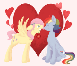 Size: 1110x949 | Tagged: dead source, safe, artist:cartoonlion, fluttershy, rainbow dash, g4, female, filly, flower, heart, lesbian, ship:flutterdash, shipping