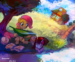 Size: 1200x1000 | Tagged: safe, artist:electrixocket, fluttershy, twilight sparkle, g4, shade, tree, water