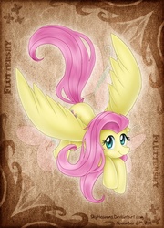 Size: 504x701 | Tagged: safe, artist:skyheavens, fluttershy, pegasus, pony, g4, cutie mark background, female, looking at you, mare, smiling, smiling at you, solo, spread wings, three quarter view, wings