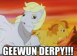 Size: 500x366 | Tagged: safe, edit, edited screencap, screencap, carrot top, derpy hooves, golden harvest, rio azul, valentine (g1), earth pony, pegasus, pony, g1, g4, my little pony 'n friends, caption, female, g4 to g1, generation leap, mare, photoshop, wat