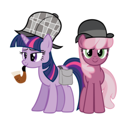 Size: 5000x4756 | Tagged: safe, artist:j-brony, cheerilee, twilight sparkle, g4, absurd resolution, bubble pipe, deerstalker, detective, duo, hat, pipe, sherlock holmes, sherlock sparkle, simple background, transparent background, vector