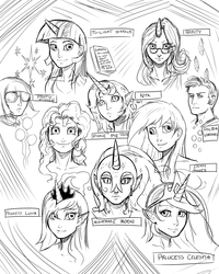 Size: 1040x1300 | Tagged: safe, artist:aphexangel, derpy hooves, doctor whooves, photo finish, pinkie pie, princess celestia, princess luna, rarity, time turner, twilight sparkle, oc, oc:nyx, alicorn, human, fanfic:past sins, g4, fanfic, horn, horned humanization, humanized