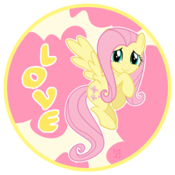 Size: 735x735 | Tagged: safe, artist:zobe, fluttershy, pegasus, pony, g4, abstract background, female, looking at you, love, mare, round, smiling, solo, spread wings, wings