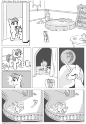 Size: 1200x1720 | Tagged: safe, artist:muffinshire, princess celestia, smarty pants, twilight sparkle, g4, bed, comic, filly, jewelry, mare in the moon, monochrome, moon, regalia