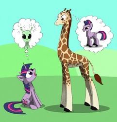 Size: 1180x1226 | Tagged: safe, artist:underpable, twilight sparkle, alien, giraffe, pony, unicorn, zebra, g4, duo, eye contact, looking up, open mouth, sitting, species swap, surprised, unicorn twilight, wide eyes, zebrafied