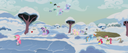 Size: 3579x1500 | Tagged: safe, artist:assiel, apple bloom, cloudchaser, doctor whooves, flitter, fluttershy, pinkie pie, rainbow dash, roseluck, sea swirl, seafoam, spike, time turner, twilight sparkle, dragon, earth pony, pegasus, pony, unicorn, g4, winter wrap up, animal team, background pony, clothes, dragons riding ponies, female, filly, flying, male, mare, plant team, plough, riding, snow, spike riding twilight, stallion, unicorn twilight, vest, wagon, weather team, winter, winter wrap up vest