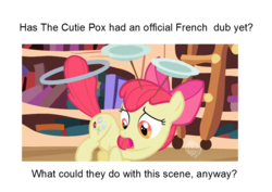 Size: 1053x745 | Tagged: safe, edit, edited screencap, screencap, apple bloom, earth pony, pony, g4, the cutie pox, cutie pox, discussion, dub, fake cutie mark, female, filly, french, hub logo, looking at self, loop-de-hoop, meta, multiple cutie marks, open mouth, plate spinning, sacrebloom, solo, text