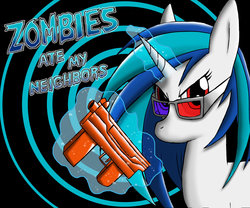 Size: 1600x1328 | Tagged: safe, artist:e-swag, dj pon-3, vinyl scratch, g4, crossover, parody, zombies ate my neighbors