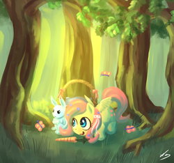 Size: 1280x1200 | Tagged: safe, artist:ninjaham, angel bunny, fluttershy, butterfly, pegasus, pony, g4, basket, carrot, food, forest, picnic basket, tree