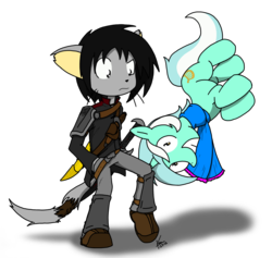 Size: 1854x1754 | Tagged: safe, artist:sandwich-anomaly, lyra heartstrings, oc, oc:crossfire, pony, unicorn, anthro, g4, anthro with ponies, arrow in the knee (meme), clothes, female, horn, horn impalement, mare, meme, scarf, skyrim, the elder scrolls