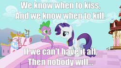 Size: 1280x720 | Tagged: safe, rarity, spike, g4, female, garbage (band), image macro, james bond, male, ship:sparity, shipping, song reference, straight, the world is not enough