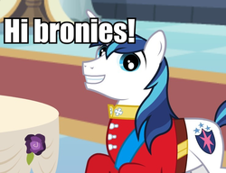 Size: 740x569 | Tagged: safe, shining armor, g4, bronybait, clothes, faic, fourth wall, image macro, male, solo, stallion, wedding cake creator