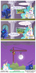 Size: 2000x4004 | Tagged: safe, artist:axemgr, derpy hooves, princess celestia, princess luna, trixie, alicorn, pegasus, pony, g4, ^^, comic, crane, eyes closed, female, glasses, jewelry, mare, regalia, royal sisters, siblings, sisters