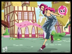 Size: 900x675 | Tagged: safe, artist:irving-zero, pinkie pie, human, g4, breasts, cleavage, converse, female, humanized, lollipop, looking at you, mouth hold, nom, overalls, shoes, sideboob, smiling, solo