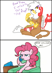 Size: 594x834 | Tagged: safe, artist:mt, gilda, pinkie pie, griffon, g4, exploitable meme, meme, phone meme, stop calling me