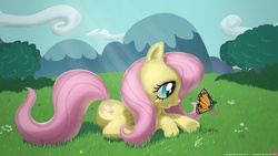 Size: 2200x1238 | Tagged: safe, artist:tavogdl, fluttershy, butterfly, pony, g4, crepuscular rays, female, grass, lying down, meadow, solo