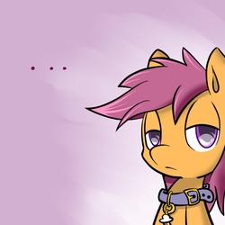 Size: 650x650 | Tagged: safe, artist:serendipity-kitty, scootaloo, pegasus, pony, g4, ..., collar, cutie mark, female, lesboloo, looking at you, simple background, solo