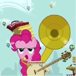 Size: 360x360 | Tagged: safe, screencap, pinkie pie, earth pony, parasprite, pony, g4, season 1, swarm of the century, accordion, animated, banjo, cropped, cymbals, female, gif, harmonica, mare, musical instrument, one-pony band, puffy cheeks, solo, sousaphone, tambourine, tuba