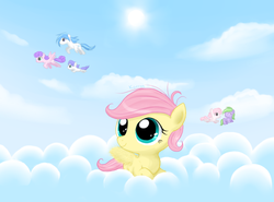 Size: 724x535 | Tagged: safe, artist:karrotcakes, fluttershy, oc, g4, cloud, cloudy, filly