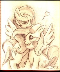 Size: 1275x1540 | Tagged: safe, artist:docwario, fluttershy, rainbow dash, pony, g4, female, heart, lesbian, ship:flutterdash, shipping, traditional art