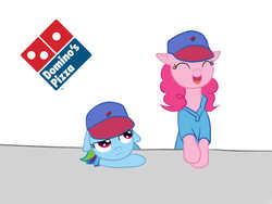 Size: 600x450 | Tagged: artist needed, source needed, safe, pinkie pie, rainbow dash, g4, clothes, crossover, domino's, domino's pizza, dominos, duo, duo female, fast food, female, food, hat, parody, pizza, scrubbing bubbles, uniform, waitress, working