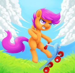 Size: 2930x2882 | Tagged: safe, artist:verrmont, scootaloo, pegasus, pony, g4, action pose, cloud, female, high res, scooter, solo