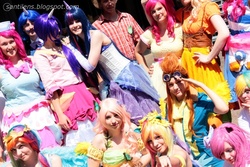 Size: 640x427 | Tagged: safe, artist:emulux, artist:gchan, artist:knorke, artist:santichan, fluttershy, pinkie pie, rainbow dash, spitfire, twilight sparkle, human, g4, clothes, cosplay, dokomi, dress, gala dress, grand gala project, group photo, irl, irl human, photo