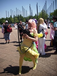 Size: 480x640 | Tagged: safe, artist:emulux, artist:pinku keks, fluttershy, human, g4, airsoft, ar-15, clothes, cosplay, dokomi, dress, gala dress, grand gala project, gun, irl, irl human, no trigger discipline, photo, rifle, weapon