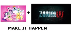 Size: 1542x746 | Tagged: safe, applejack, fluttershy, pinkie pie, princess celestia, rainbow dash, rarity, spike, twilight sparkle, g4, exploitable meme, make it happen, mane six opening poses, meta, this will end in zombies, zombiu