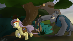 Size: 1920x1080 | Tagged: safe, artist:mattatatta, fluttershy, diamond dog, hellhound, survivor shy, g4, claws, everfree forest