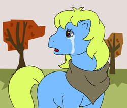 Size: 696x594 | Tagged: safe, artist:maleiva, rio azul, earth pony, pony, crunch the rockdog, g1, my little pony 'n friends, clothes, crying, female, mare, open mouth, scarf, teary eyes, tree, why
