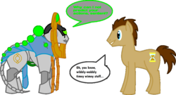 Size: 972x525 | Tagged: safe, artist:dfodder, doctor whooves, time turner, necron, robot, g4, crossover, doctor who, duo, orikan the diviner, ponified, simple background, the doctor, transparent background, warhammer (game), warhammer 40k