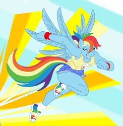 Size: 1249x1280 | Tagged: safe, artist:silasfox, rainbow dash, pegasus, anthro, plantigrade anthro, g4, breasts, clothes, daisy dukes, female, fist, multicolored hair, rainbow hair, reasonably sized breasts, running, shirt, shoes, shorts, socks, solo, tail, wings