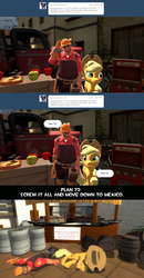 Size: 1280x2469 | Tagged: safe, artist:geronkizan, applejack, g4, alcohol, applejack daniel's, barrel, beer, engineer, engineer (tf2), gmod, mexico, team fortress 2, tumblr, tumblr comic, whiskey