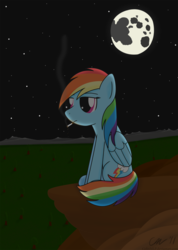 Size: 877x1230 | Tagged: dead source, safe, artist:colinmlp, rainbow dash, pony, g4, cigarette, female, lonely, moon, smoking, solo