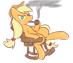 Size: 800x685 | Tagged: safe, artist:whatsapokemon, applejack, earth pony, pony, g4, chair, female, pipe, rocking chair, sitting, smoking, solo