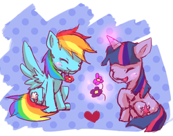 Size: 464x365 | Tagged: safe, artist:cheerubi, rainbow dash, twilight sparkle, pegasus, pony, unicorn, g4, abstract background, blushing, duo, eyes closed, female, flower, heart, horn, lesbian, mare, open mouth, polka dots, ship:twidash, shipping, smiling, spread wings, wings