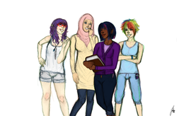 Size: 900x592 | Tagged: safe, artist:junitathiessen, fluttershy, rainbow dash, rarity, twilight sparkle, human, g4, dark skin, hijab, humanized, islam, islamashy