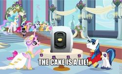 Size: 665x408 | Tagged: safe, applejack, fluttershy, pinkie pie, princess cadance, princess celestia, rainbow dash, rarity, shining armor, spike, twilight sparkle, alicorn, dragon, pony, unicorn, g4, glados, mane six, portal (valve), the cake is a lie, unicorn twilight, wedding cake creator