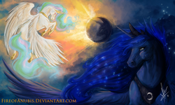 Size: 1024x615 | Tagged: safe, artist:fireofanubis, princess celestia, princess luna, g4, realistic